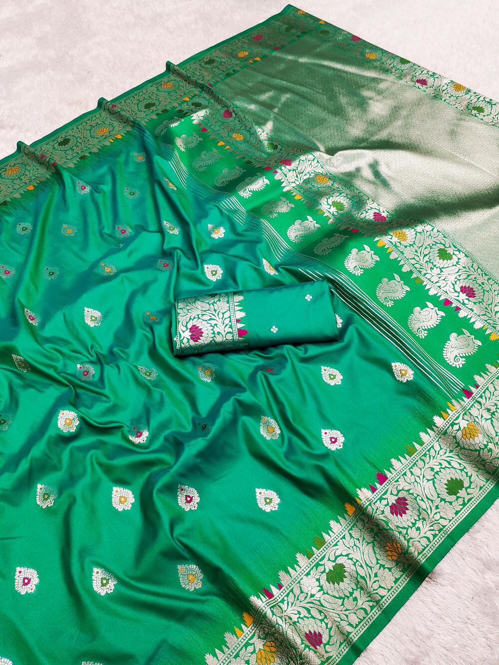 Embellished Sea Green Soft Banarasi Silk Saree With Luxuriant Blouse Piece