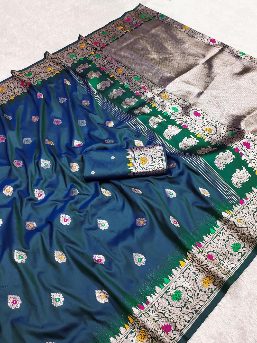 Majestic Teal Blue Soft Banarasi Silk Saree With Glorious Blouse Piece