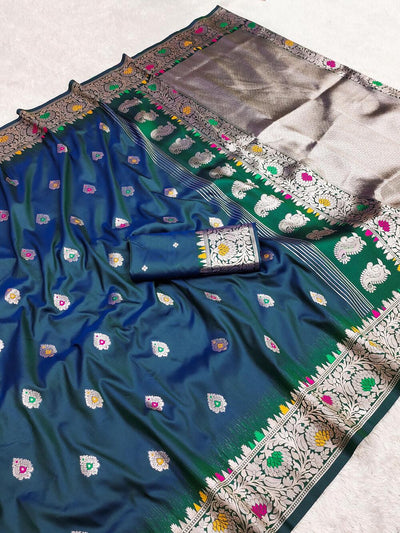 Majestic Teal Blue Soft Banarasi Silk Saree With Glorious Blouse Piece