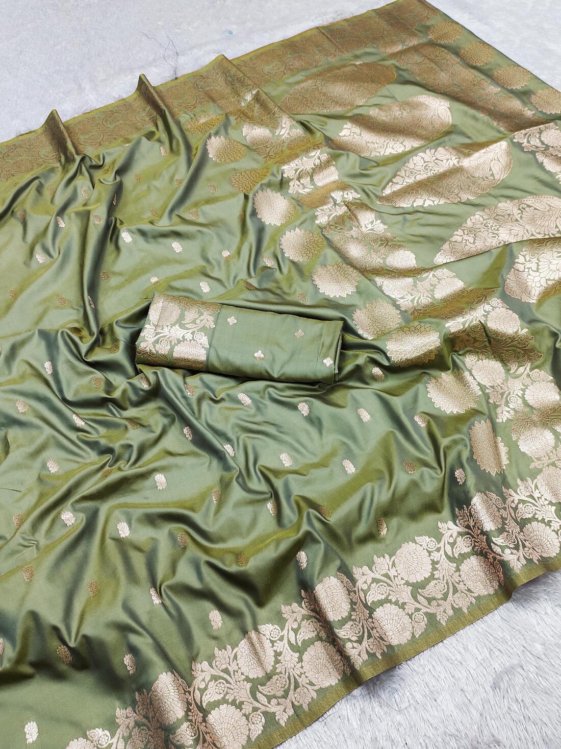 Glamorous Pista Soft Banarasi Silk Saree With Piquant Blouse Piece