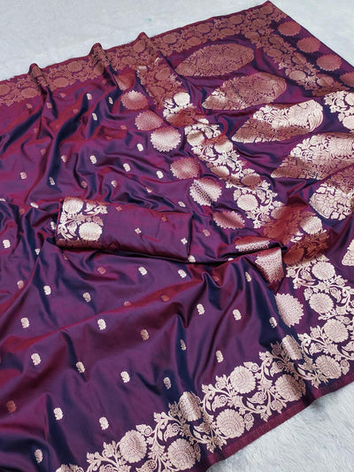 Inimitable Wine Soft Banarasi Silk Saree With Proficient Blouse Piece