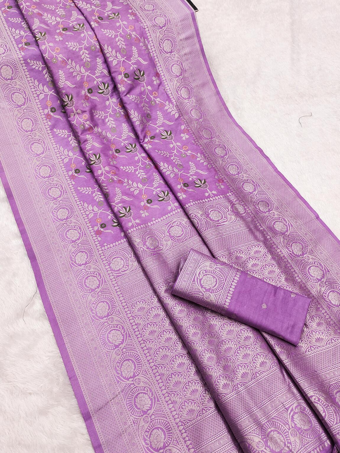 Demesne Lavender Soft Banarasi Silk Saree With Stunning Blouse Piece