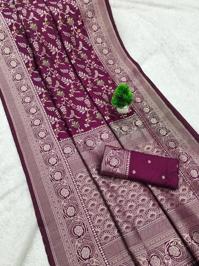 Nectarous Wine Soft Banarasi Silk Saree With Eye-catching Blouse Piece