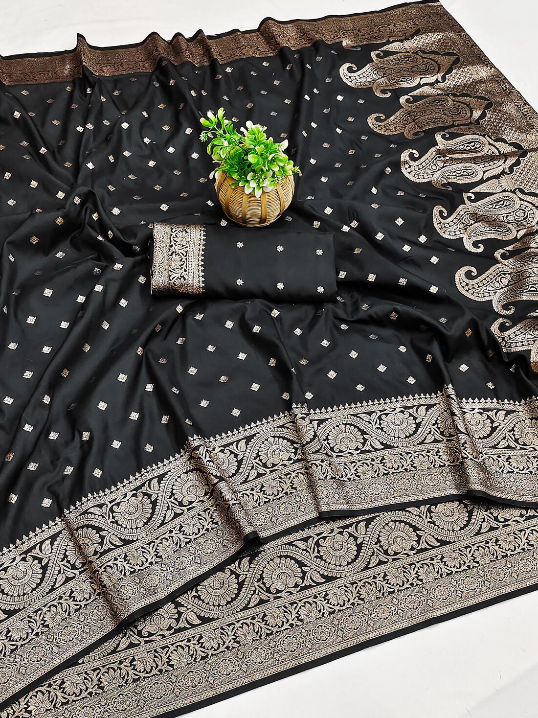 Desultory Black Soft Banarasi Silk Saree With Whimsical Blouse Piece
