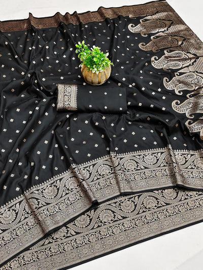Desultory Black Soft Banarasi Silk Saree With Whimsical Blouse Piece