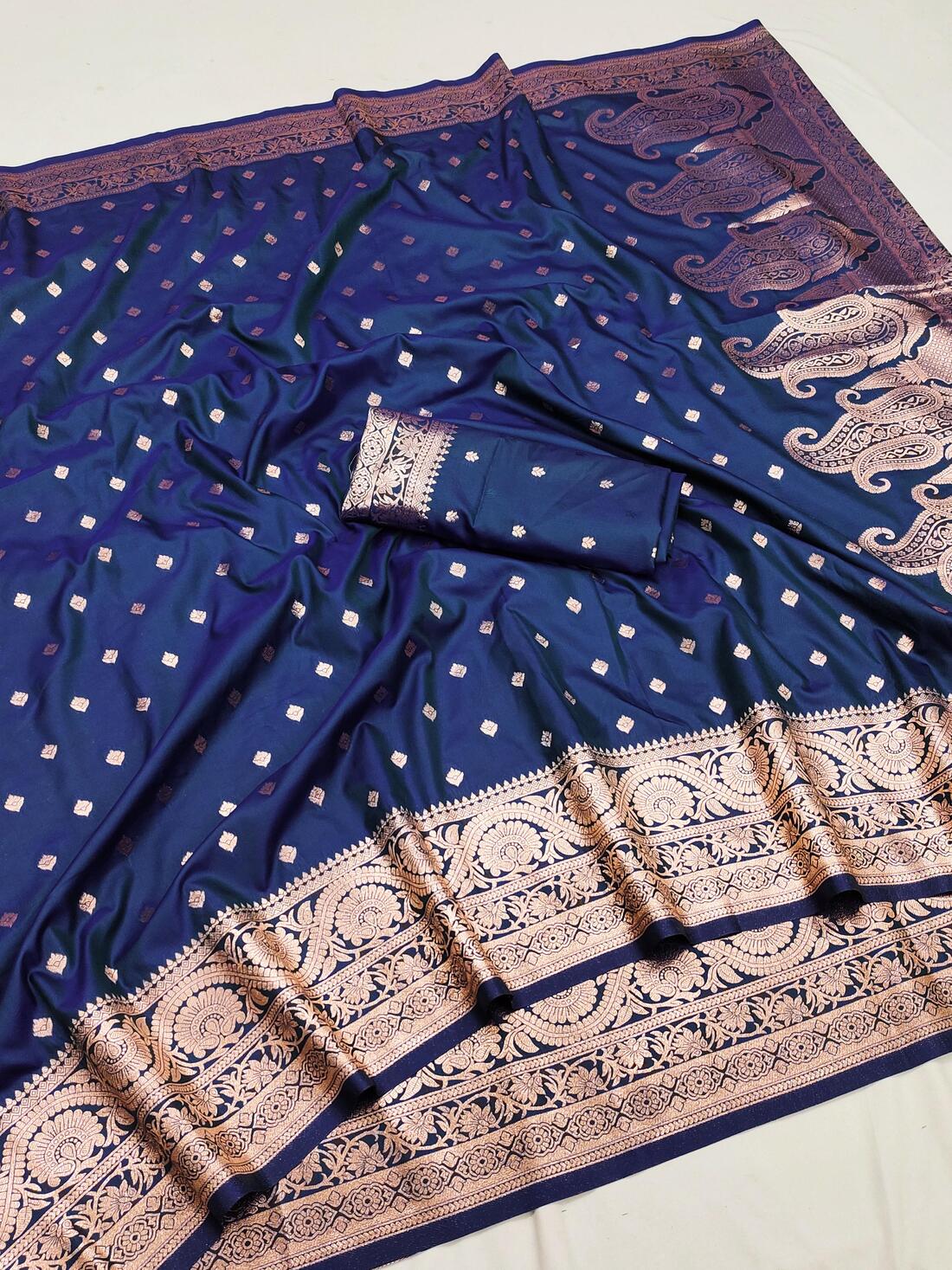Prominent Navy Blue Soft Banarasi Silk Saree With Demure Blouse Piece