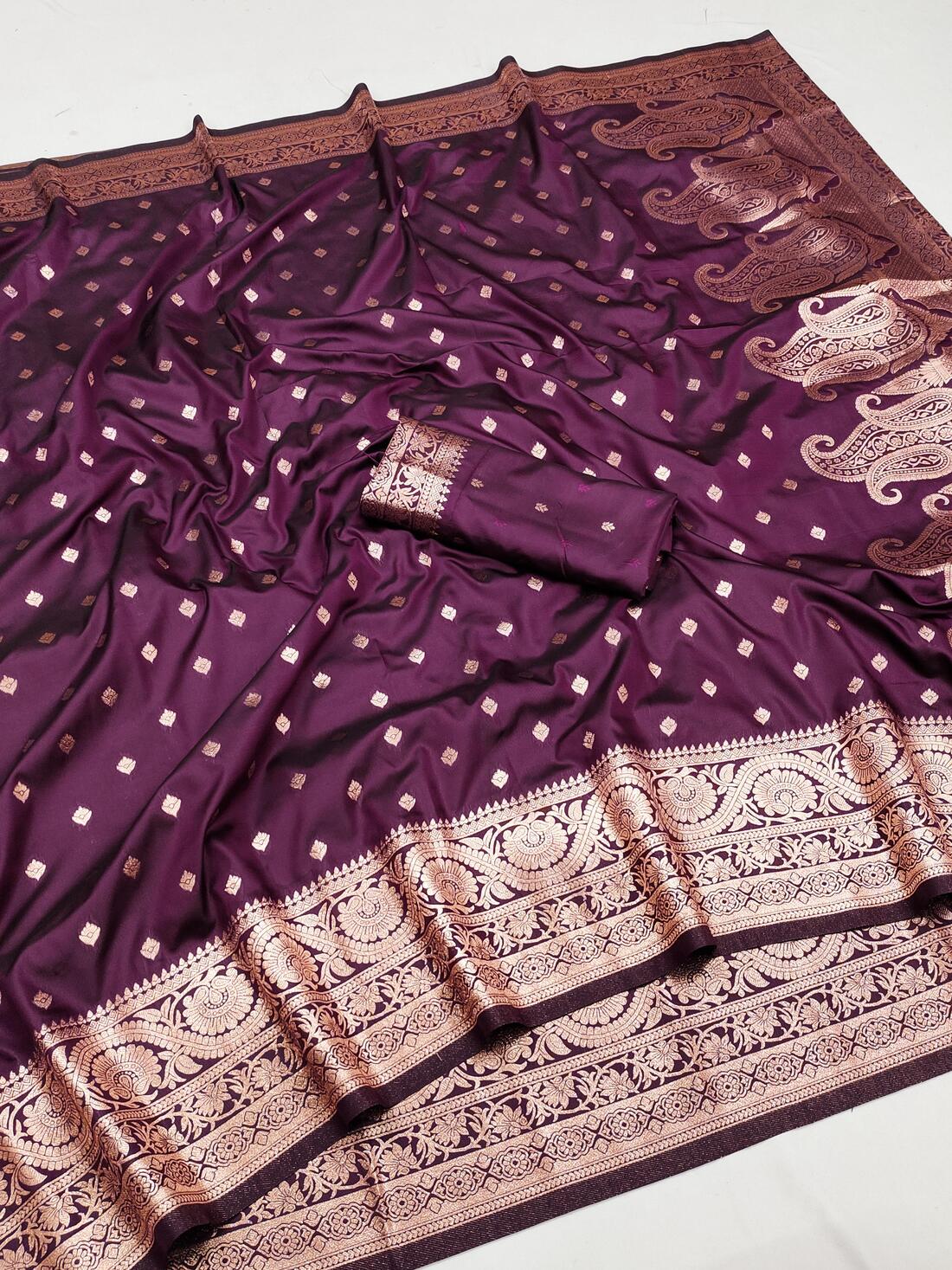 Excellent Wine Soft Banarasi Silk Saree With Deserving Blouse Piece