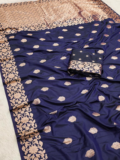 Surpassing Navy Blue Soft Banarasi Silk Saree With Girlish Blouse Piece