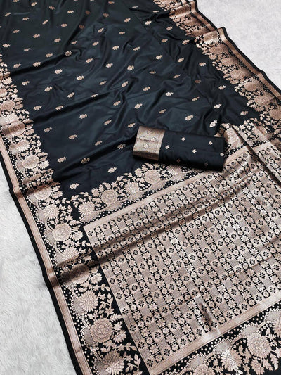 Flamboyant Black Soft Banarasi Silk Saree With Fugacious Blouse Piece