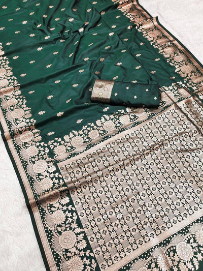 Angelic Dark Green Soft Banarasi Silk Saree With Surpassing Blouse Piece