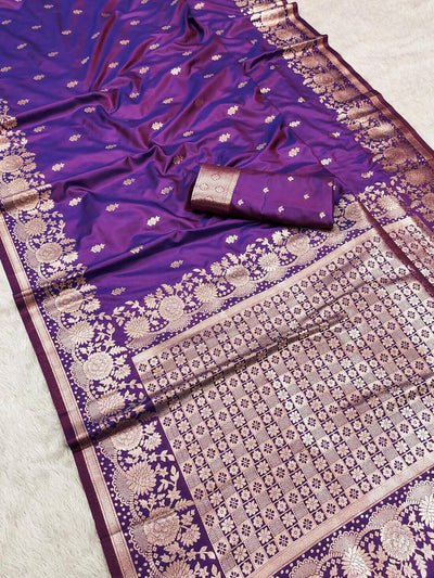Impressive Purple Soft Banarasi Silk Saree With Confounding Blouse Piece