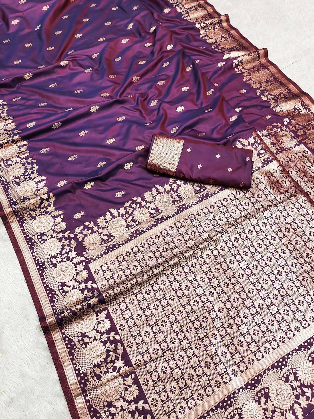 Classy Wine Soft Banarasi Silk Saree With Precious Blouse Piece