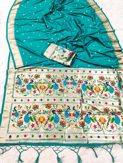 Enticing Sea Green Paithani Silk Saree With Ephemeral Blouse Piece