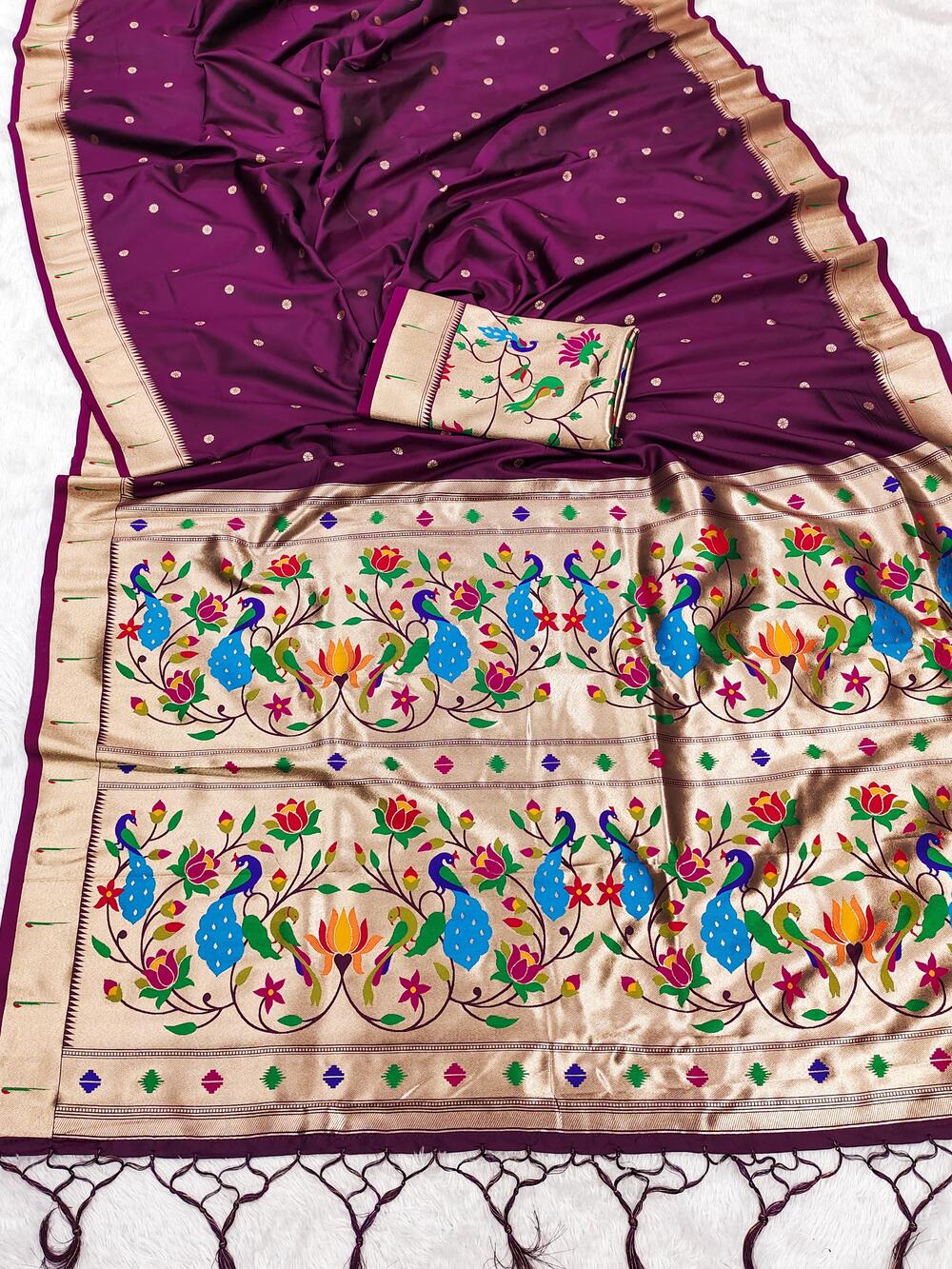 Excellent Wine Paithani Silk Saree With Seraglio Blouse Piece