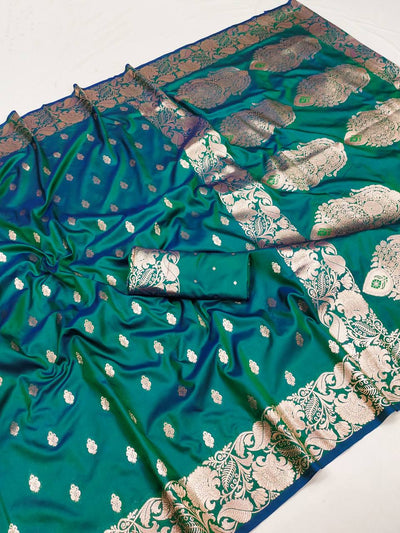 Demesne Sea Green Soft Banarasi Silk Saree With Incredible Blouse Piece
