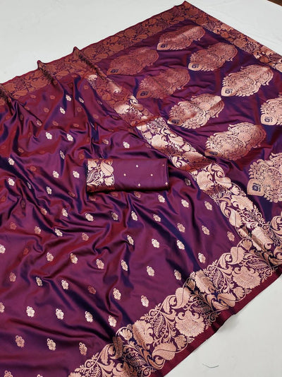 Ravishing Wine Soft Banarasi Silk Saree With Bucolic Blouse Piece