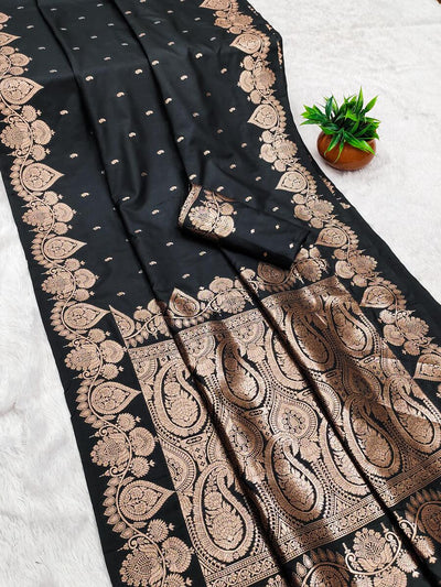 Felicitous Black Soft Banarasi Silk Saree With Ethnic Blouse Piece