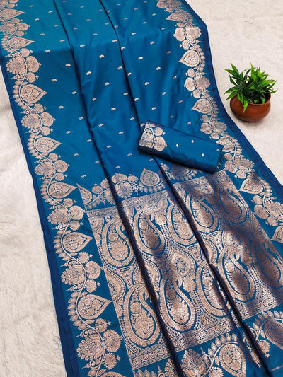 Ratatouille Blue Soft Banarasi Silk Saree With Vestigial Blouse Piece