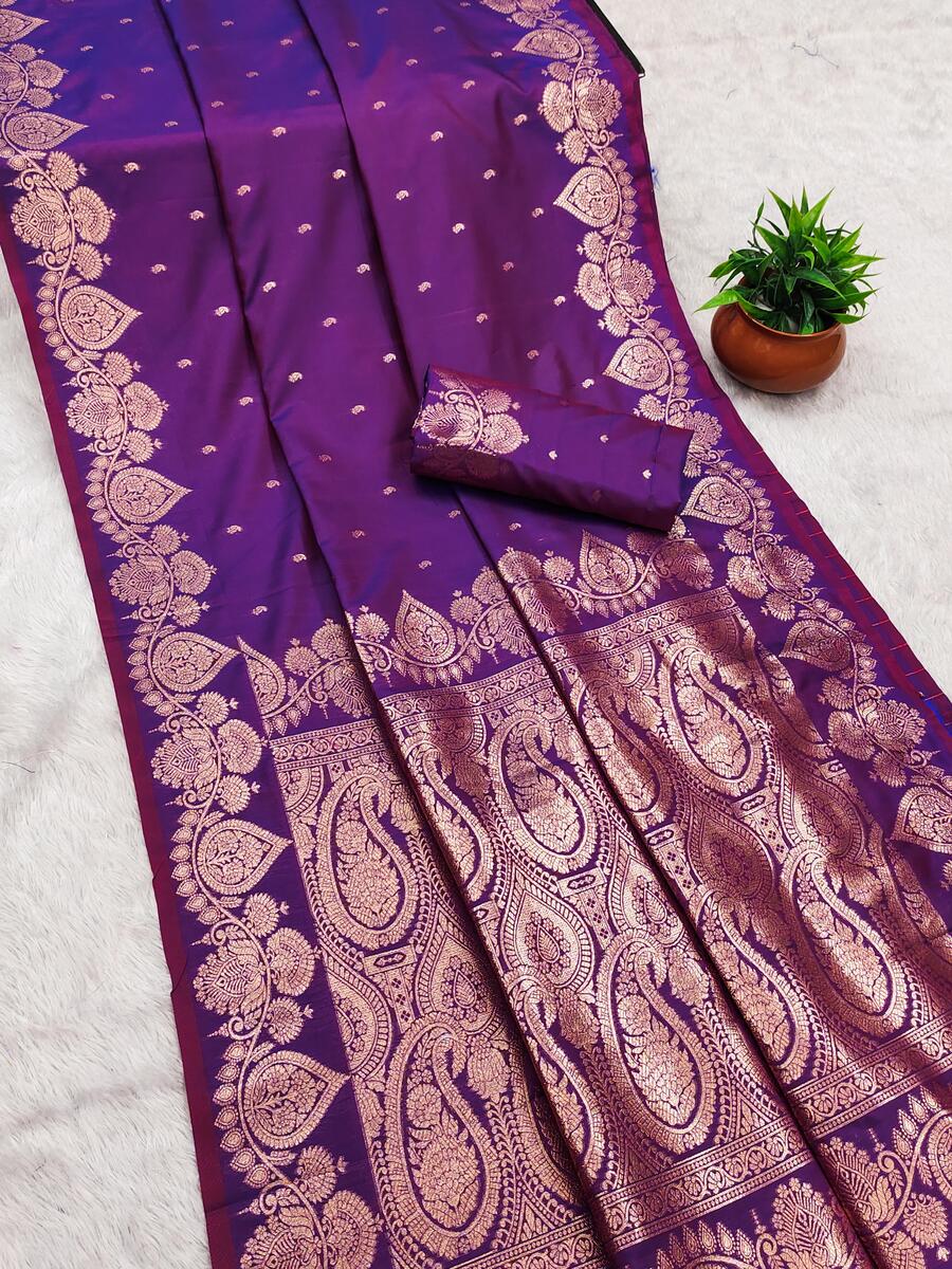Vibrant Purple Soft Banarasi Silk Saree With Traditional Blouse Piece