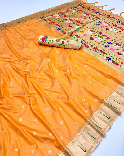 Gleaming Yellow Paithani Silk Saree With Designer Blouse Piece