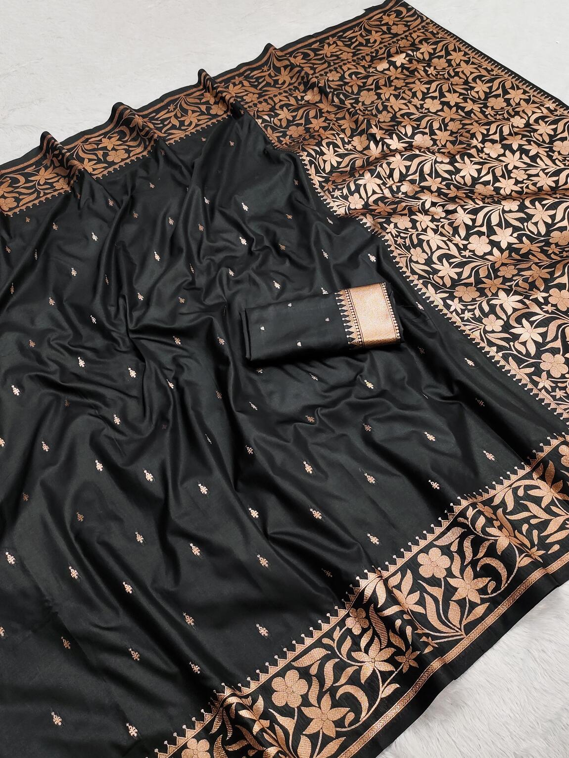 Posh Black Soft Banarasi Silk Saree With Elision Blouse Piece