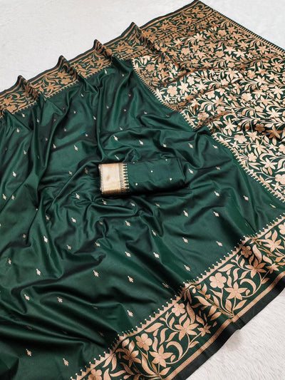 Exquisite Dark Green Soft Banarasi Silk Saree With Desultory Blouse Piece