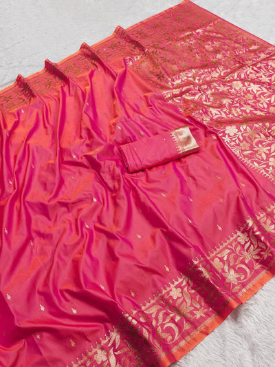 Sonorous Dark Pink Soft Banarasi Silk Saree With Comely Blouse Piece