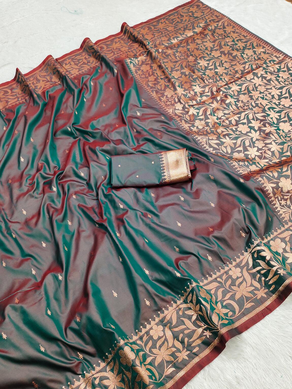 Smart Grey Soft Banarasi Silk Saree With Serendipity Blouse Piece