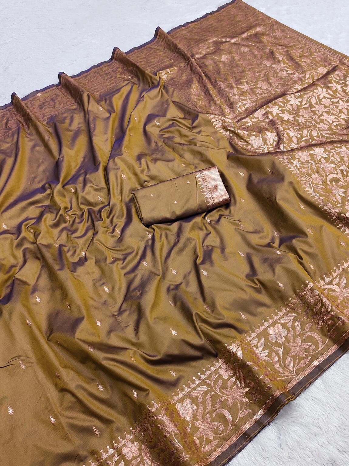 Vestigial Mustard Soft Banarasi Silk Saree With Pleasurable Blouse Piece