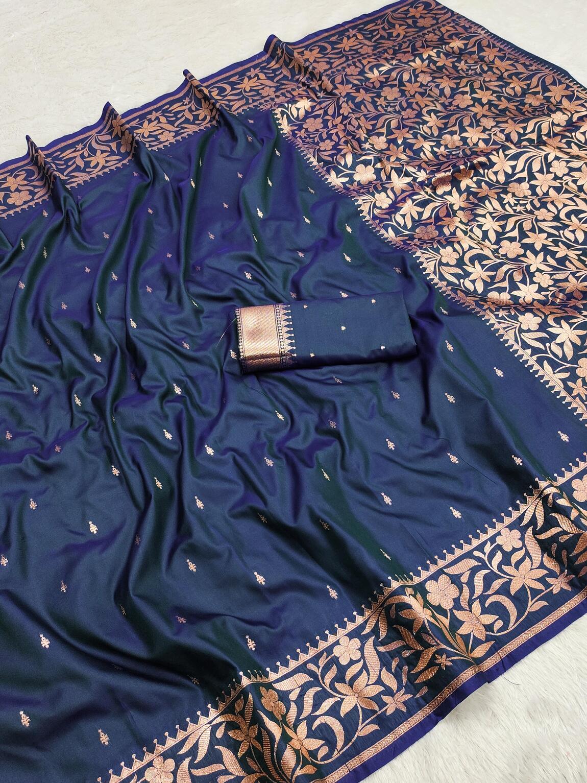 Gleaming Navy Blue Soft Banarasi Silk Saree With Pretty Blouse Piece