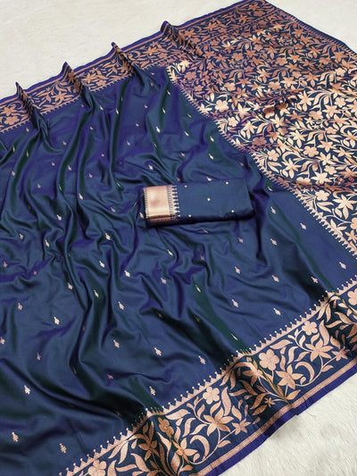 Gleaming Navy Blue Soft Banarasi Silk Saree With Pretty Blouse Piece