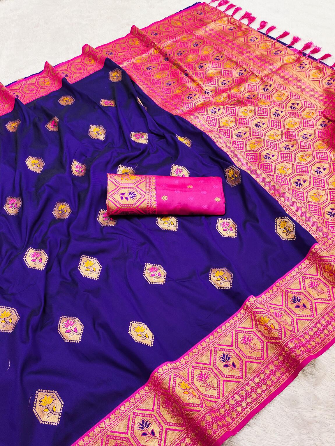 Delightful Navy Blue Soft Banarasi Silk Saree With Magnificat Blouse Piece