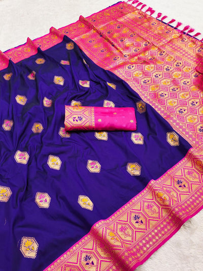 Delightful Navy Blue Soft Banarasi Silk Saree With Magnificat Blouse Piece