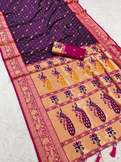 Enticing Wine Paithani Silk Saree With Demure Blouse Piece