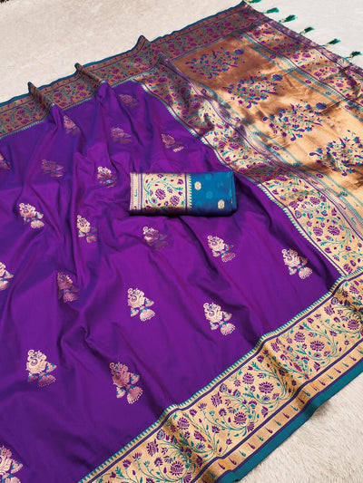 Redolent Royal Purple Paithani Silk Saree With Diaphanous Blouse Piece