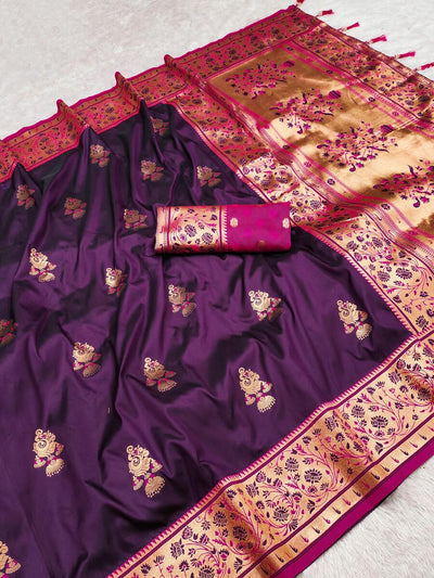 Enchanting Wine Paithani Silk Saree With Magnetic Blouse Piece