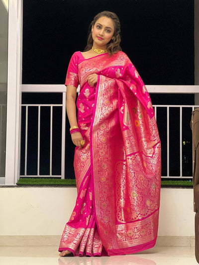 Gossamer Dark Pink Soft Banarasi Silk Saree With Imaginative Blouse Piece