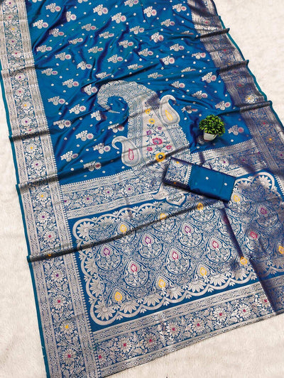 Beauteous Firozi Soft Banarasi Silk Saree With Mesmerising Blouse Piece