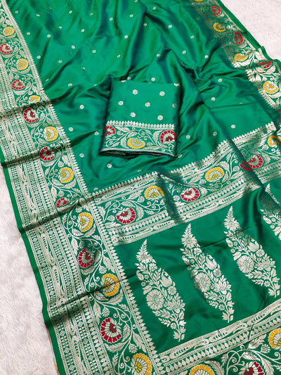 Cynosure Green Soft Banarasi Silk Saree With Ornate Blouse Piece