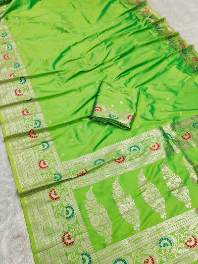 Angelic Parrot Soft Banarasi Silk Saree With Embellished Blouse Piece