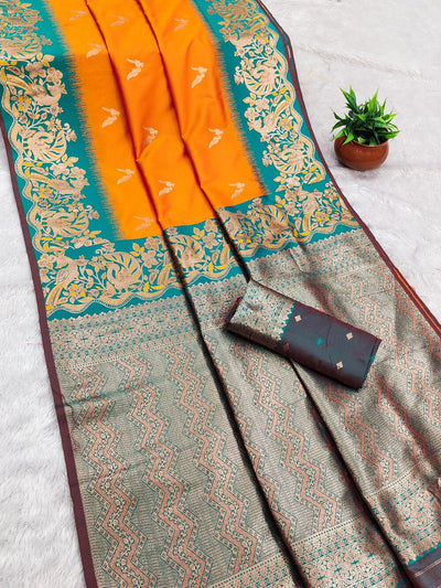 Engaging Orange Soft Banarasi Silk Saree With Hypnotic Blouse Piece