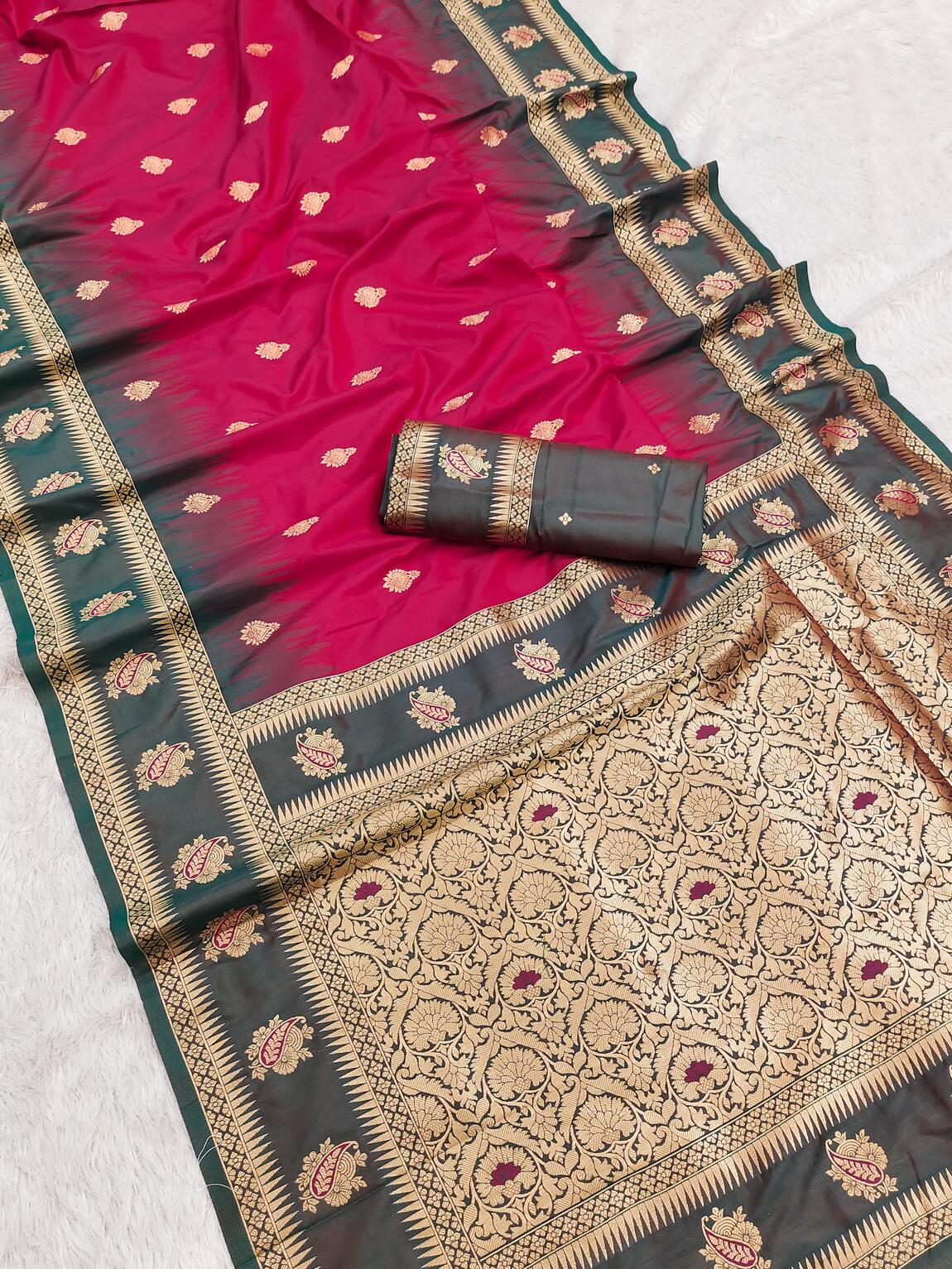 Excellent Dark Pink Soft Banarasi Silk Saree With Stunner Blouse Piece
