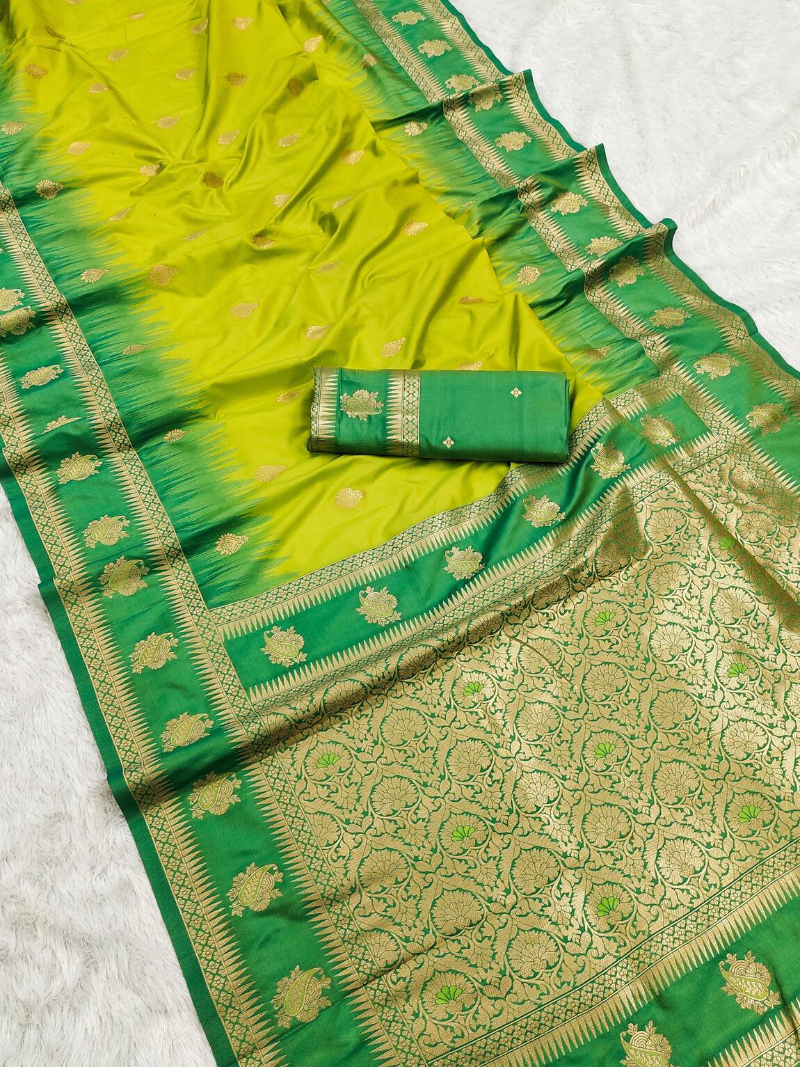 Ratatouille Parrot Soft Banarasi Silk Saree With Enamoring Blouse Piece
