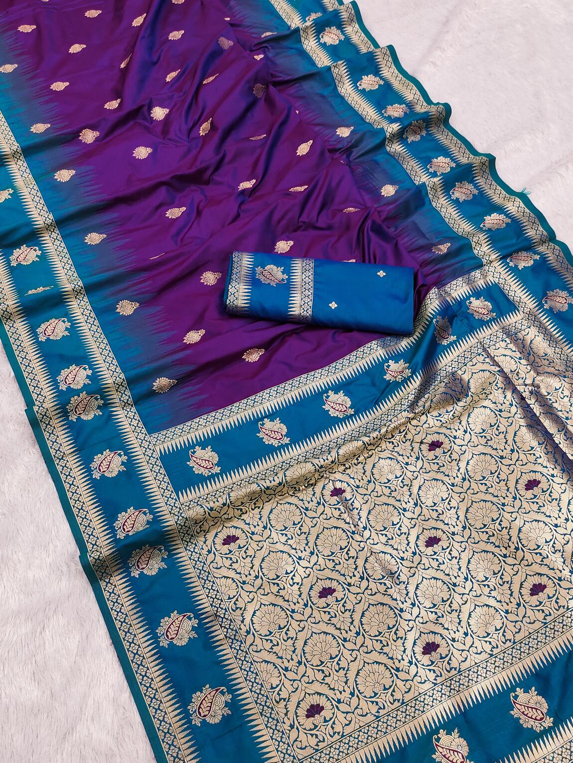 Classy Purple Soft Banarasi Silk Saree With Murmurous Blouse Piece