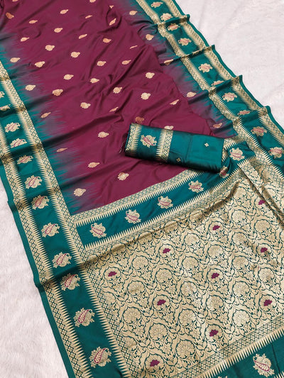 Desuetude Wine Soft Banarasi Silk Saree With Most Stunning Blouse Piece