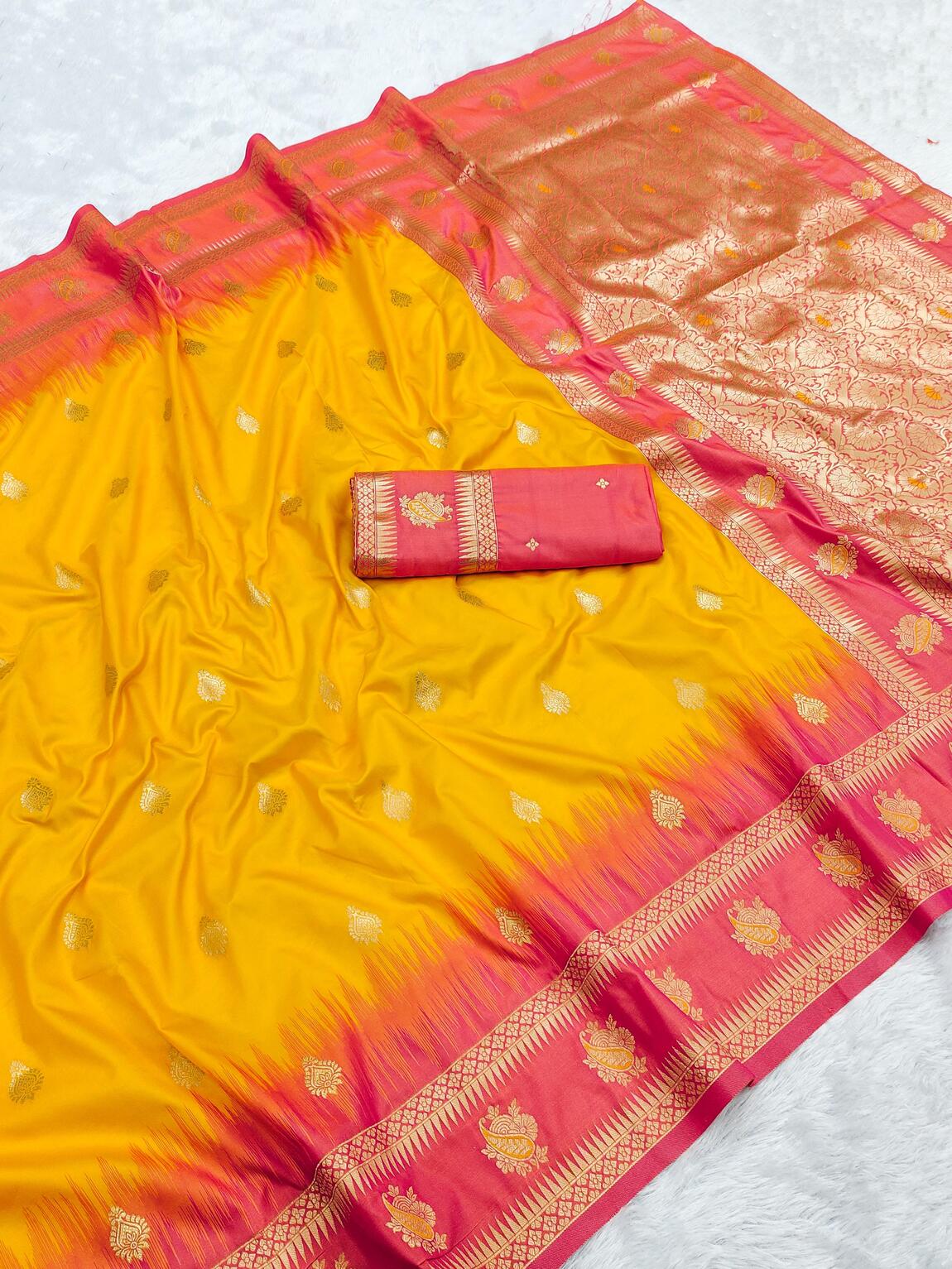 Lissome Yellow Soft Banarasi Silk Saree With Demure Blouse Piece