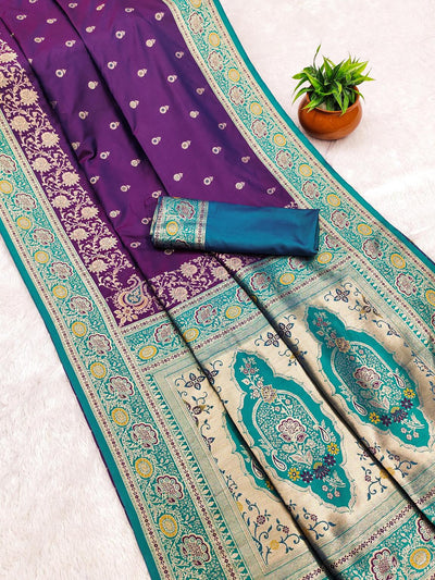 Evanescent Purple Soft Banarasi Silk Saree With Blooming Blouse Piece