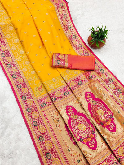 Bewitching Yellow Soft Banarasi Silk Saree With Ravishing Blouse Piece