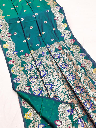Ineffable Sea Green Soft Banarasi Silk Saree With Glowing Blouse Piece