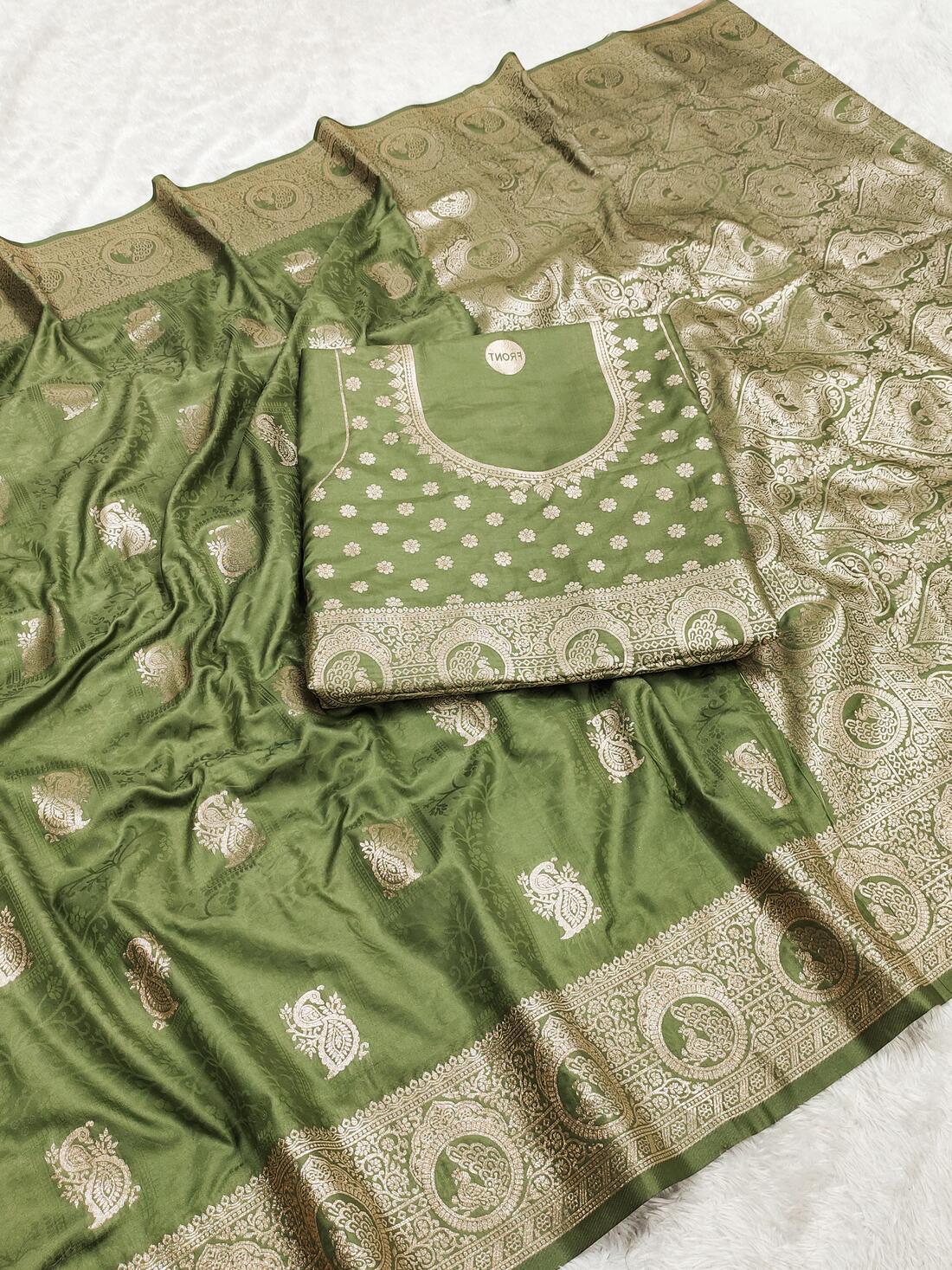 Invaluable Pista Soft Banarasi Silk Saree With Beguiling Blouse Piece